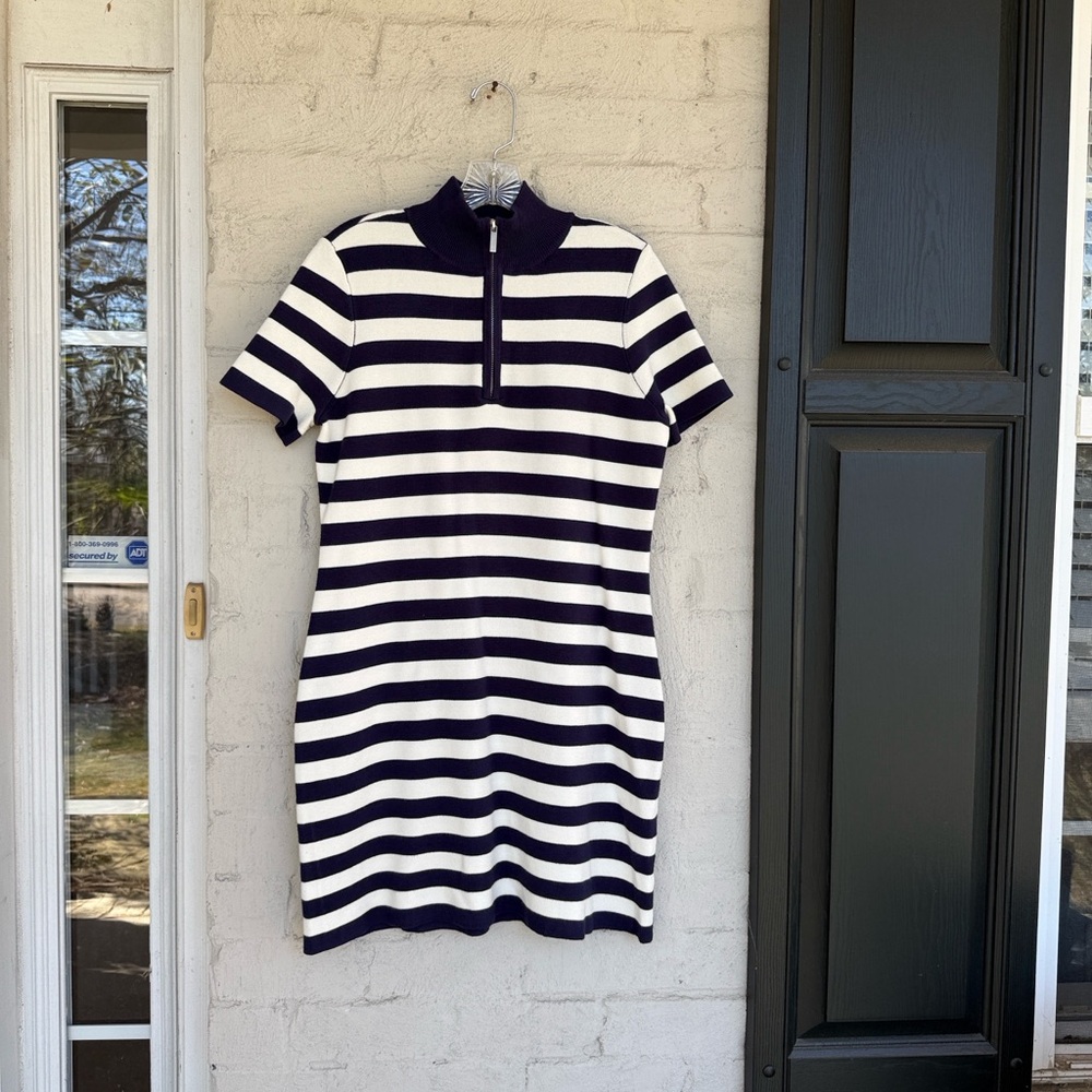 Cynthia Rowley Navy/White Nautical Stripe Short Sleeve Polo Sweater Dress Medium - Picture 4 of 12